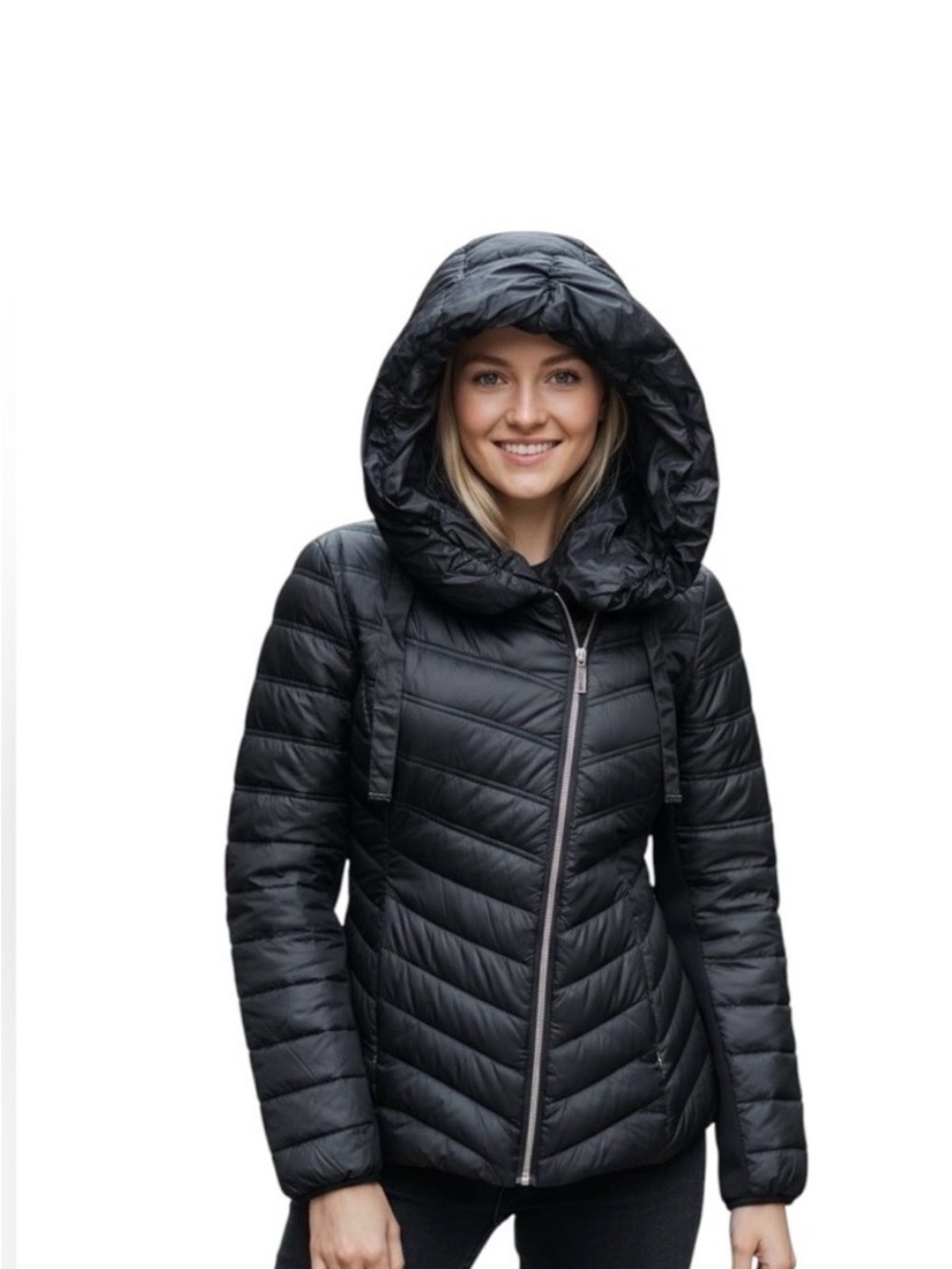 Quilted Hooded Puffer Jacket with asymmetrical Gold Zip - Dark Green